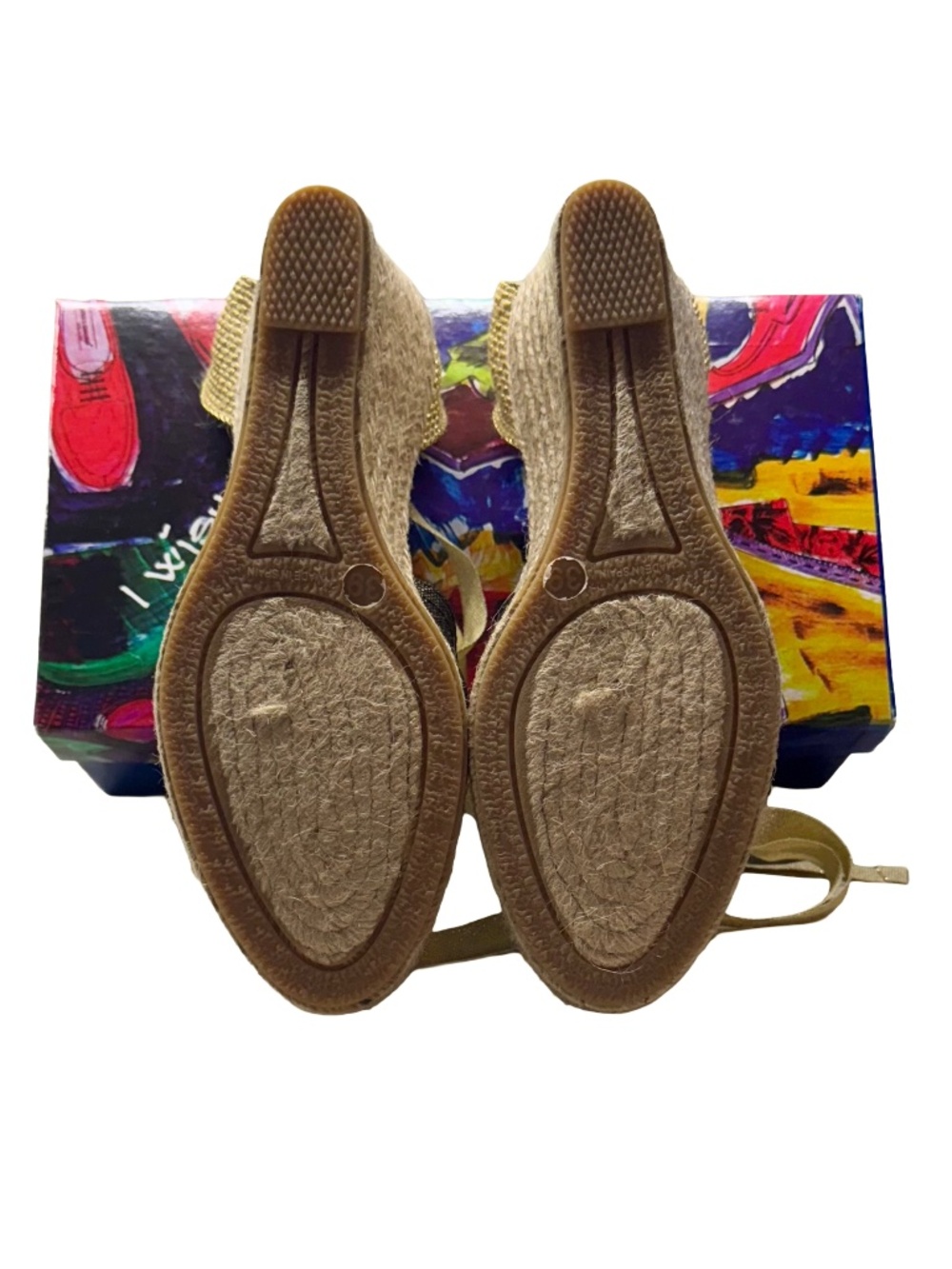 Andre Assous NWB Espadrille Canvas Black & Gold Metallic Tie Wedge Size 9 (39) - Picture 5 of 7